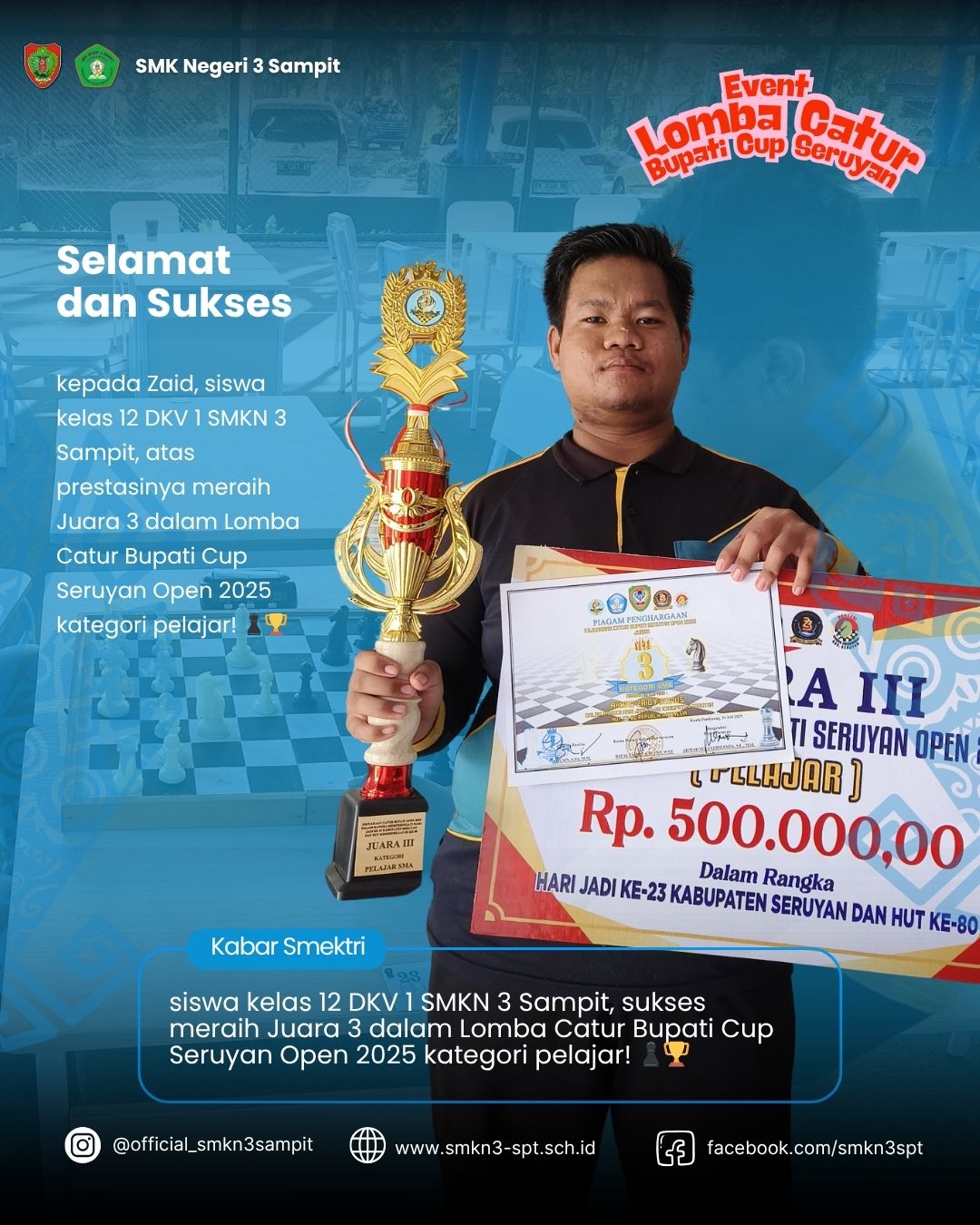 Read more about the article Zaid, siswa kelas 12 DKV 1 SMK Negeri 3 Sampit, berhasil meraih Juara 3